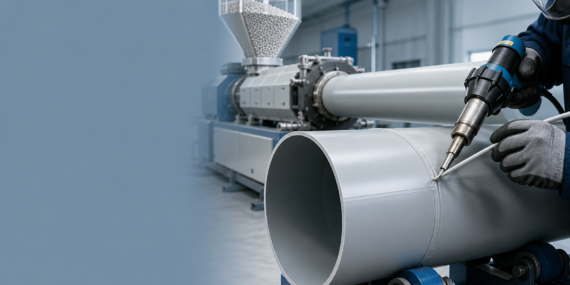How PP Plastic Duct Is Made: Extrusion & Welding, shown through a pellet-fed extrusion line and a protected operator hot-air welding a round polypropylene duct.