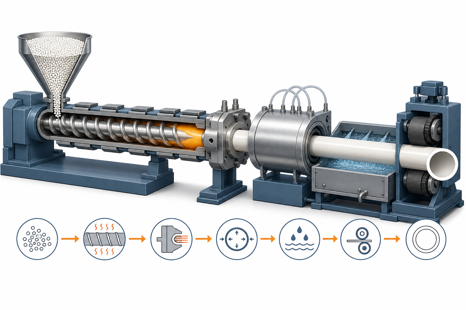 Technical illustration showing how PP plastic duct is made as pellets move through extrusion, sizing, cooling, haul-off, and cutting.