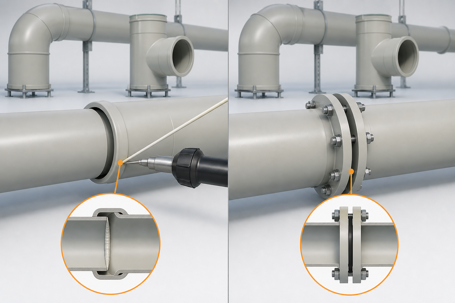 Technical illustration for How PP Plastic Duct Is Made: Extrusion & Welding comparing a permanent welded socket joint with a demountable bolted flange connection.