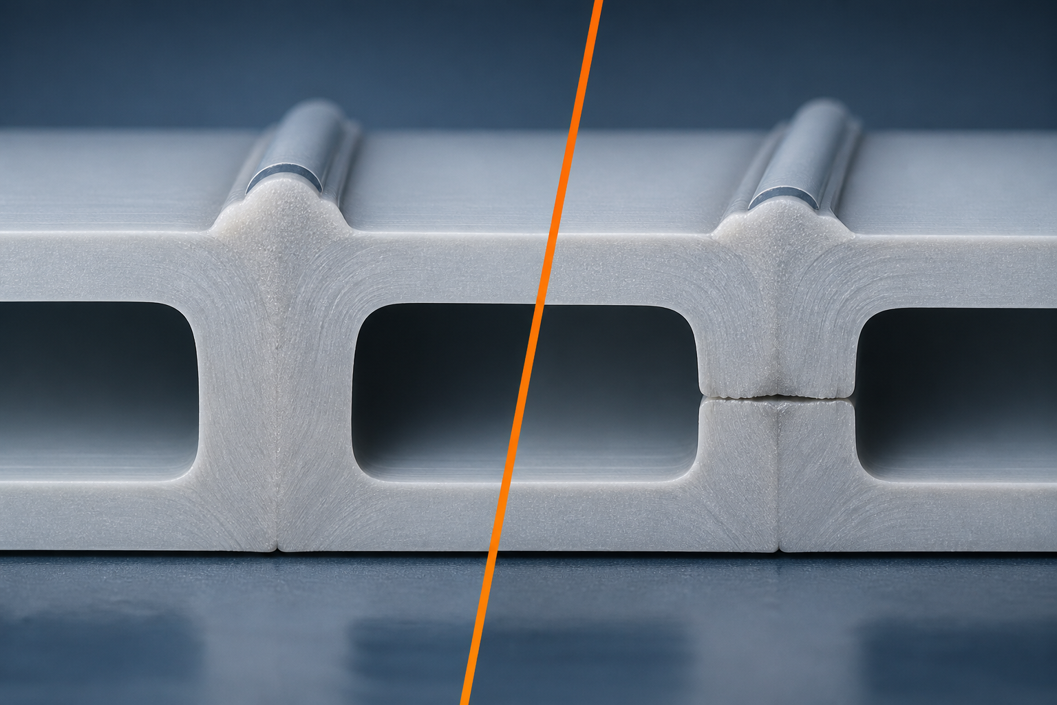 A sectioned polypropylene duct weld compares a fully fused seam with a cold-weld gap for visual inspection.