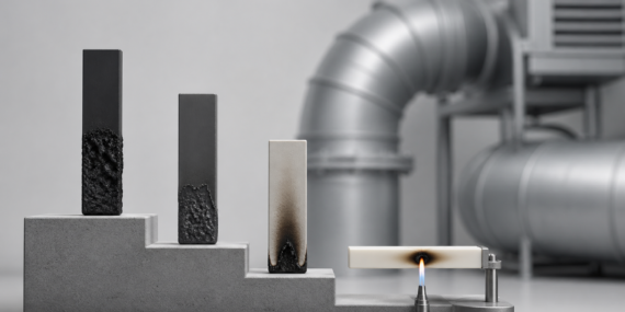 Four plastic test specimens - three vertical bars with progressively different charring and one horizontal bar above a small controlled flame - form a stepped hierarchy before softly blurred industrial ventilation ductwork. The restrained gray studio palette and clean negative space communicate comparative material flammability testing without implying system certification.