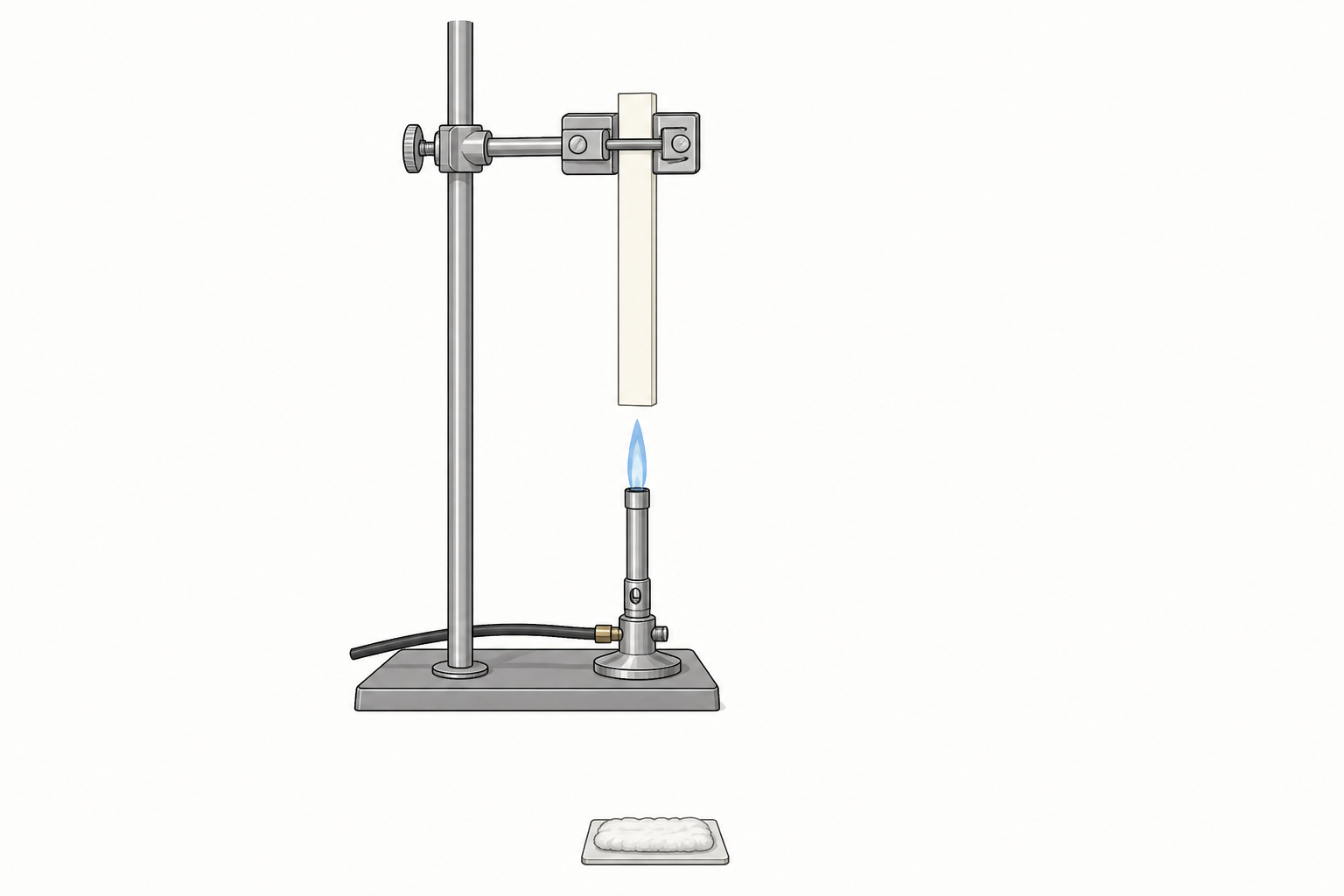 Vertical burn test setup: upright plastic specimen held by an upper clamp, a small blue laboratory flame beneath its lower edge, and a cotton indicator pad far below.