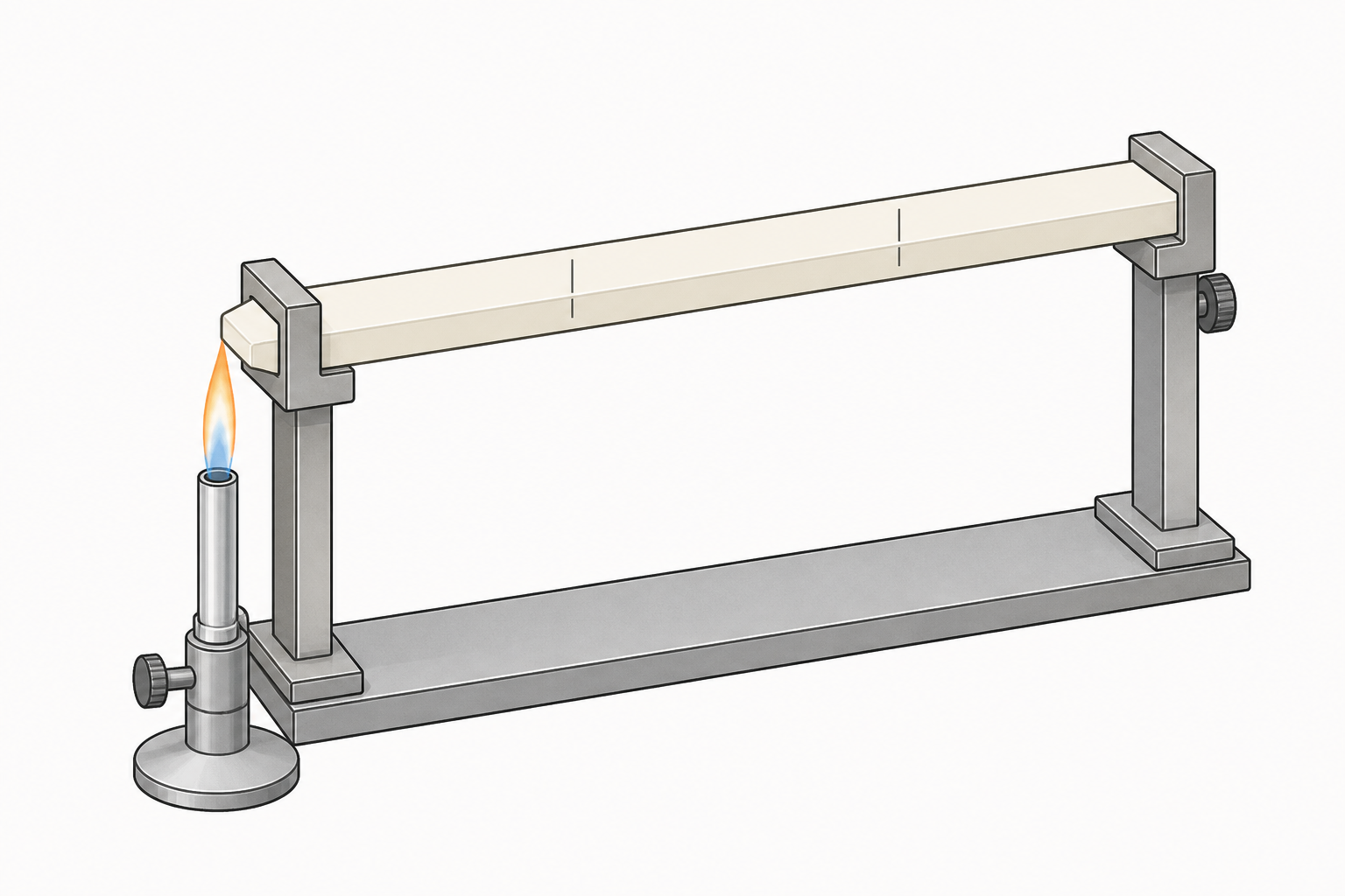 Horizontal burn test: a flat plastic specimen held on a small stand, a modest burner flame at one end, and two unnumbered reference marks along the bar.