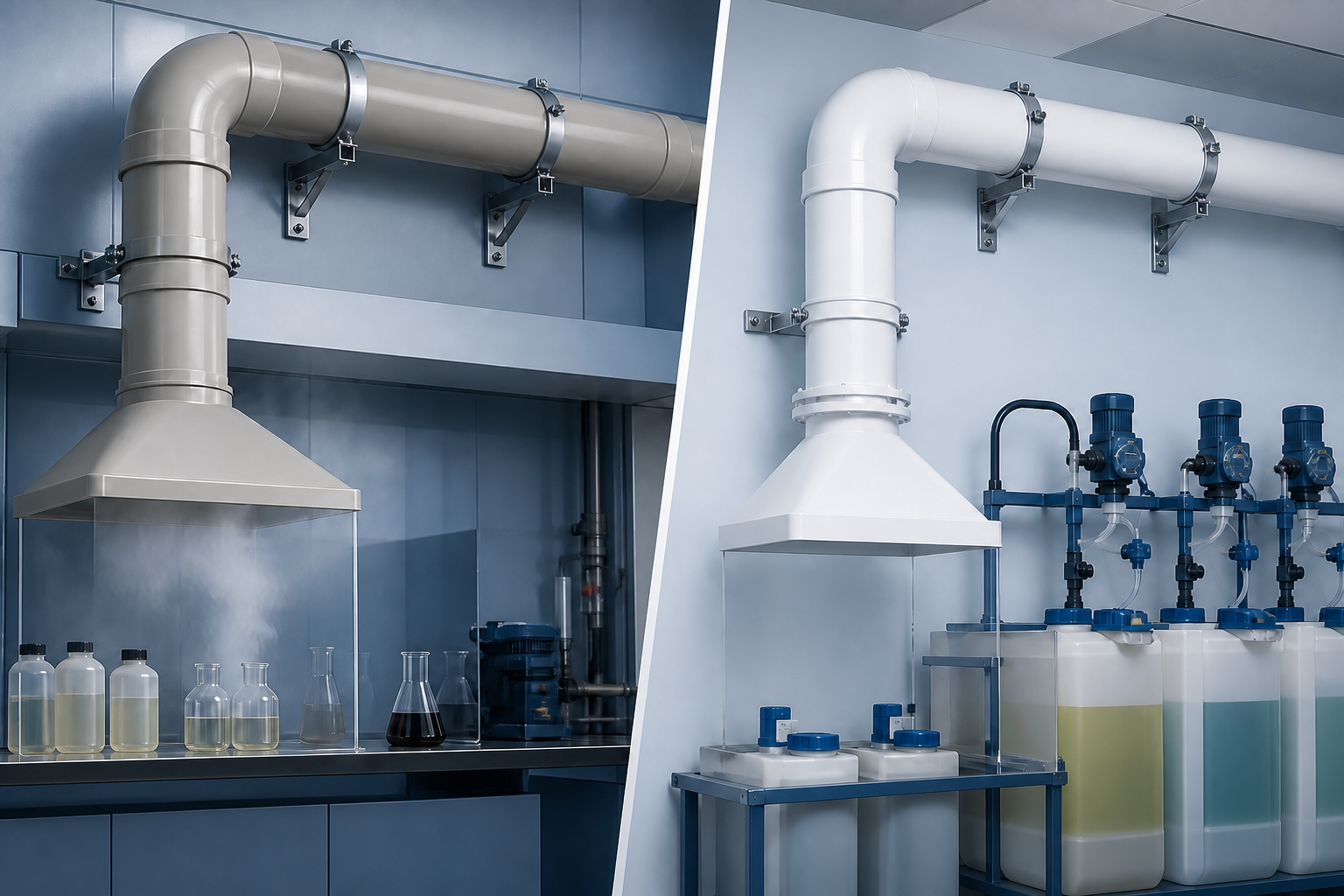 Polypropylene and PVC ductwork handling different chemical service families