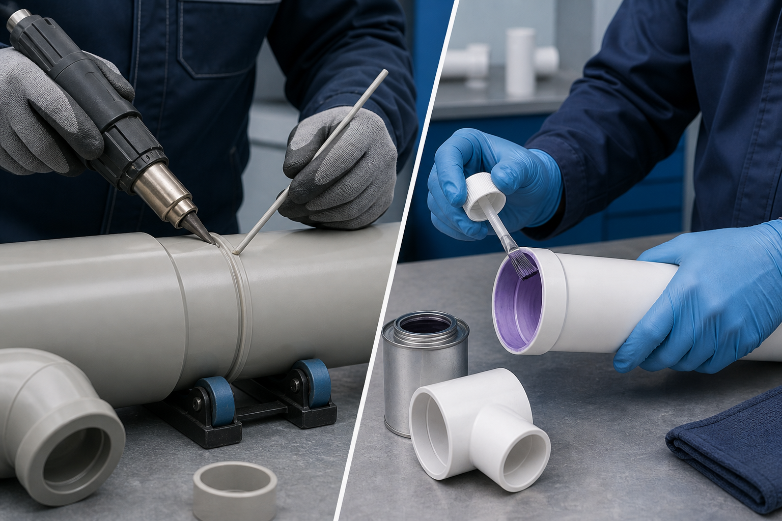 PP pipe heat welding versus PVC pipe solvent cementing workstations