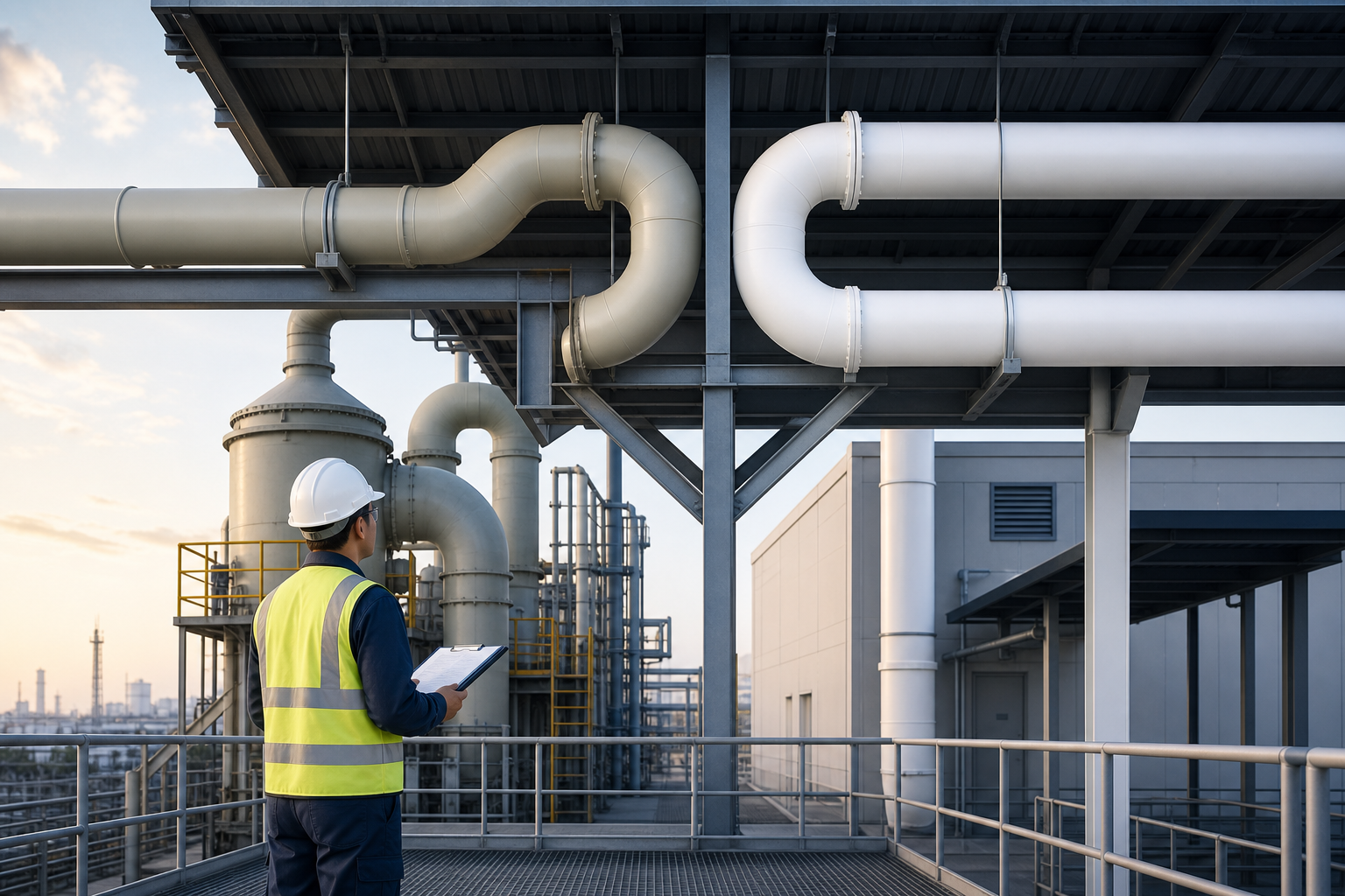 Engineer reviewing PP and PVC duct runs during material selection