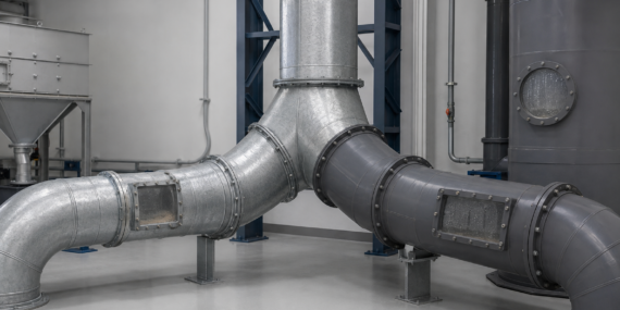 Side-by-side polypropylene and galvanized steel industrial exhaust duct branches in a clean plant setting