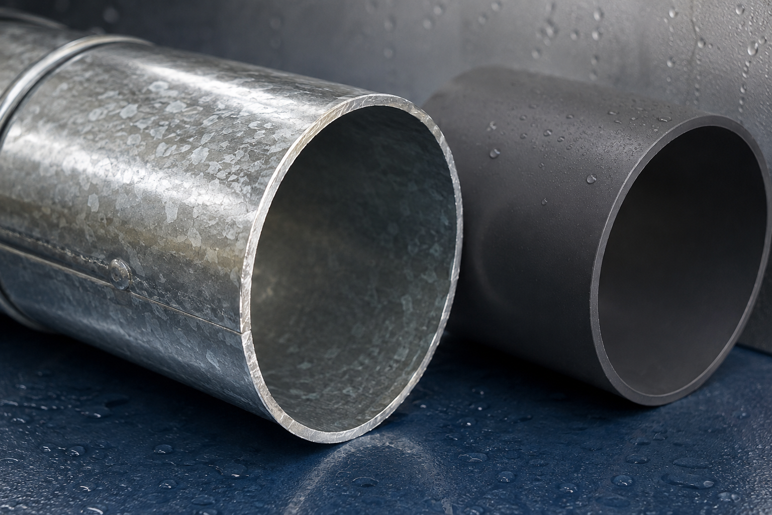 Close comparison of galvanized steel and polypropylene duct cut edges in a controlled condensation environment
