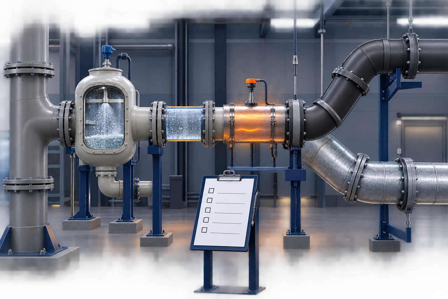 Industrial exhaust decision scene with contained process cues, duct supports, temperature context, and a blank specification checklist