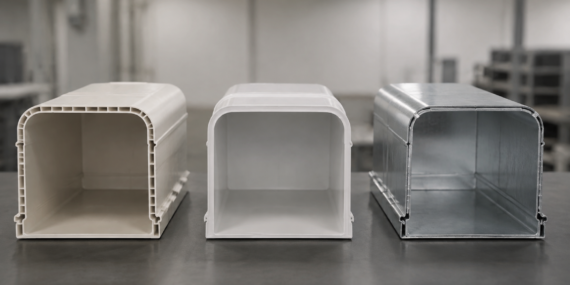 Industrial PP, PVC and metal ventilation duct sections arranged as a restrained comparison scene, with no labels or certification marks.