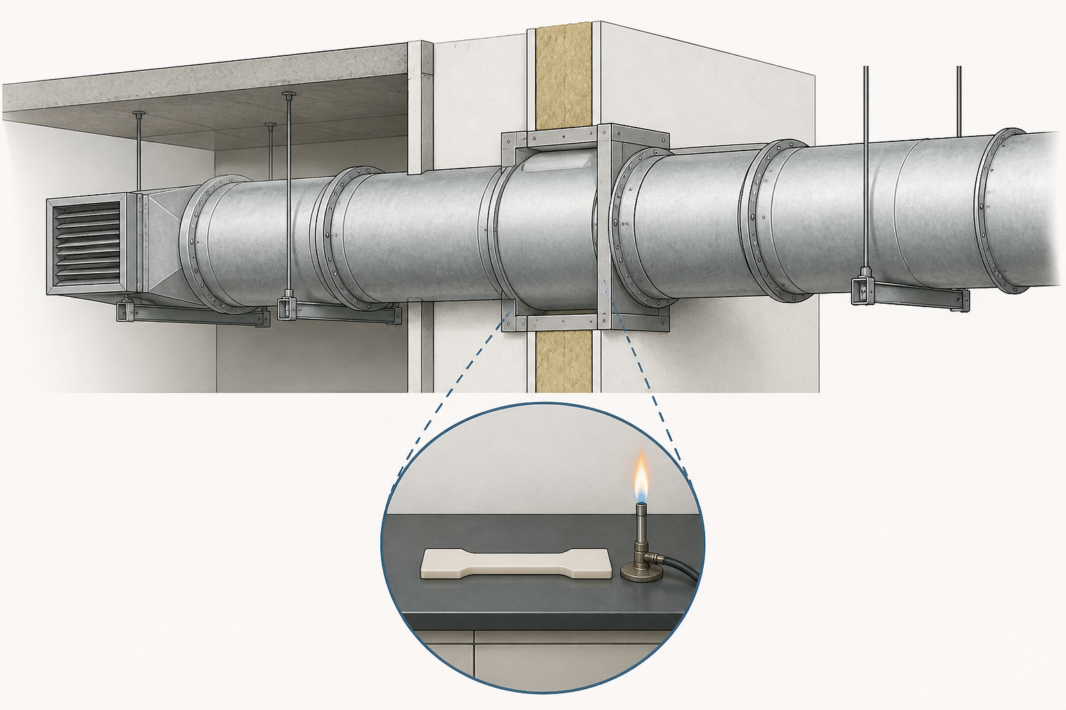 A restrained three-level engineering illustration distinguishing a plastic specimen test, duct sections and joints, and a fire-rated or smoke-control duct assembly.