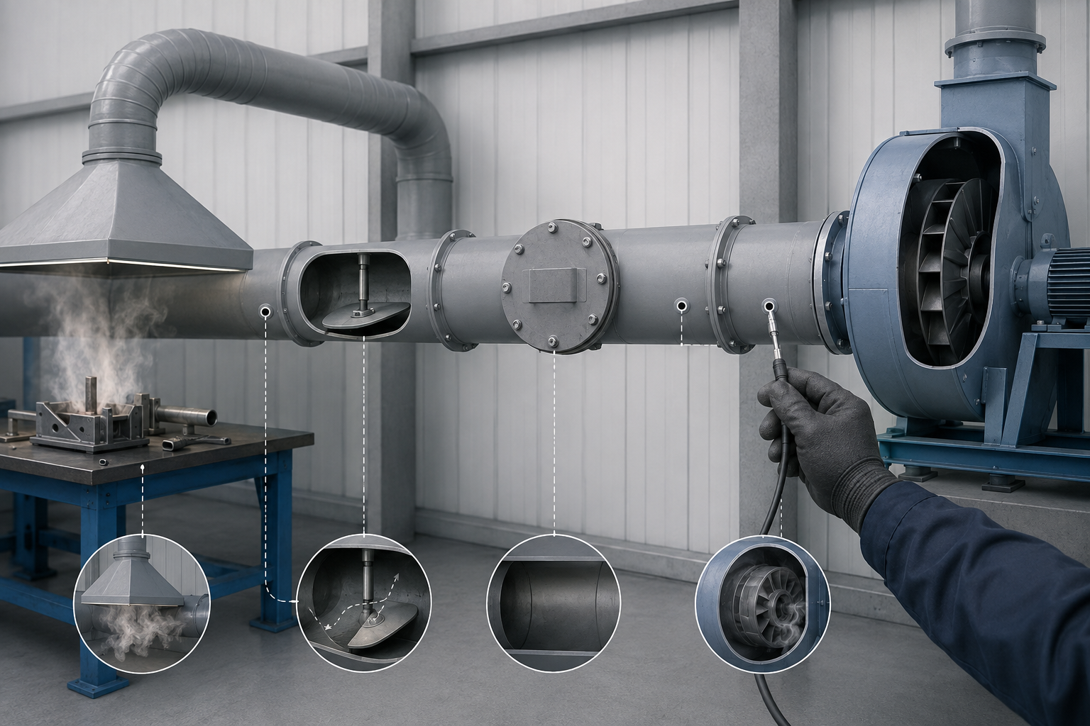 Layered low-airflow diagnosis points along an industrial exhaust duct run