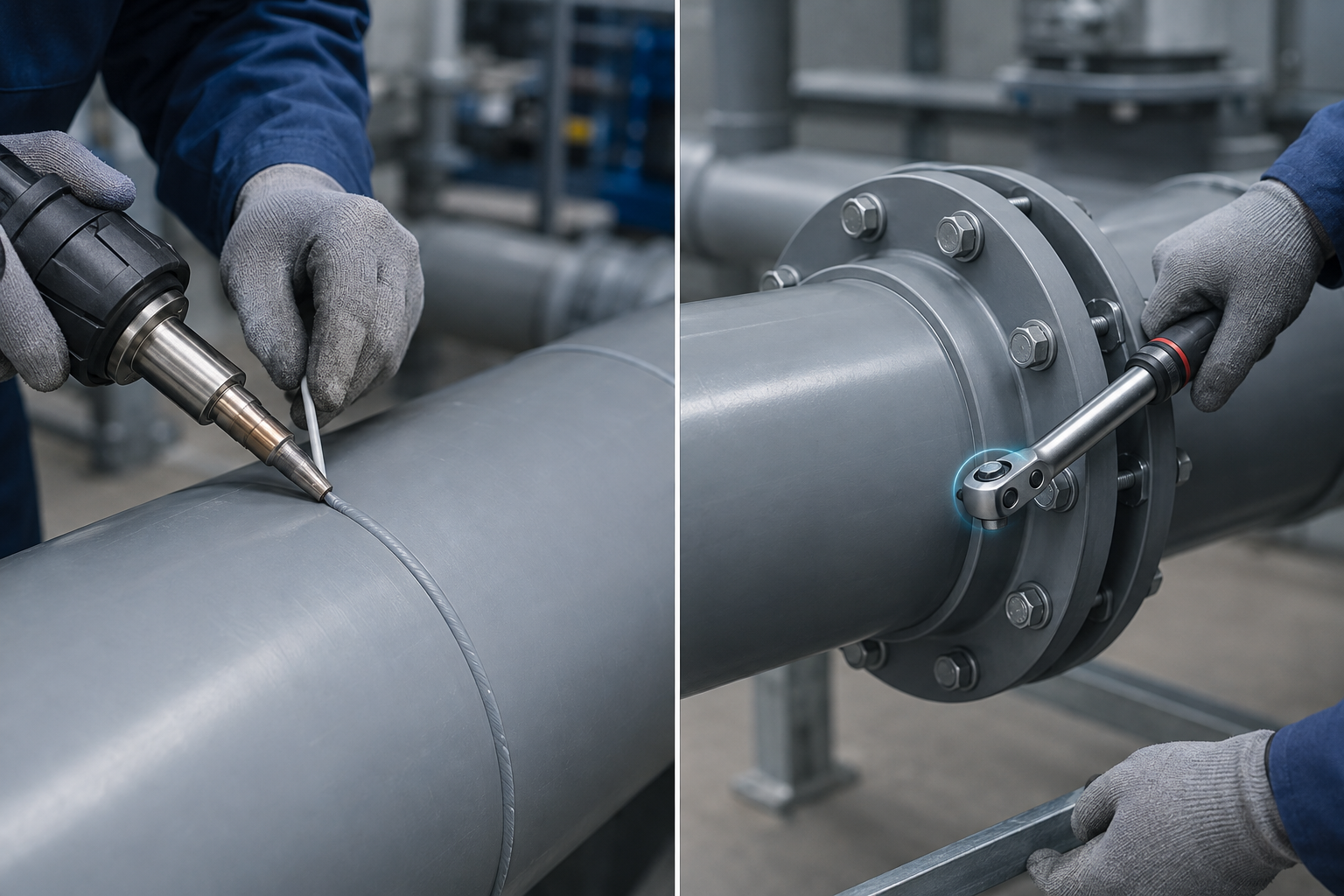 Hot-gas weld repair of a PP duct seam and staged flange re-torque