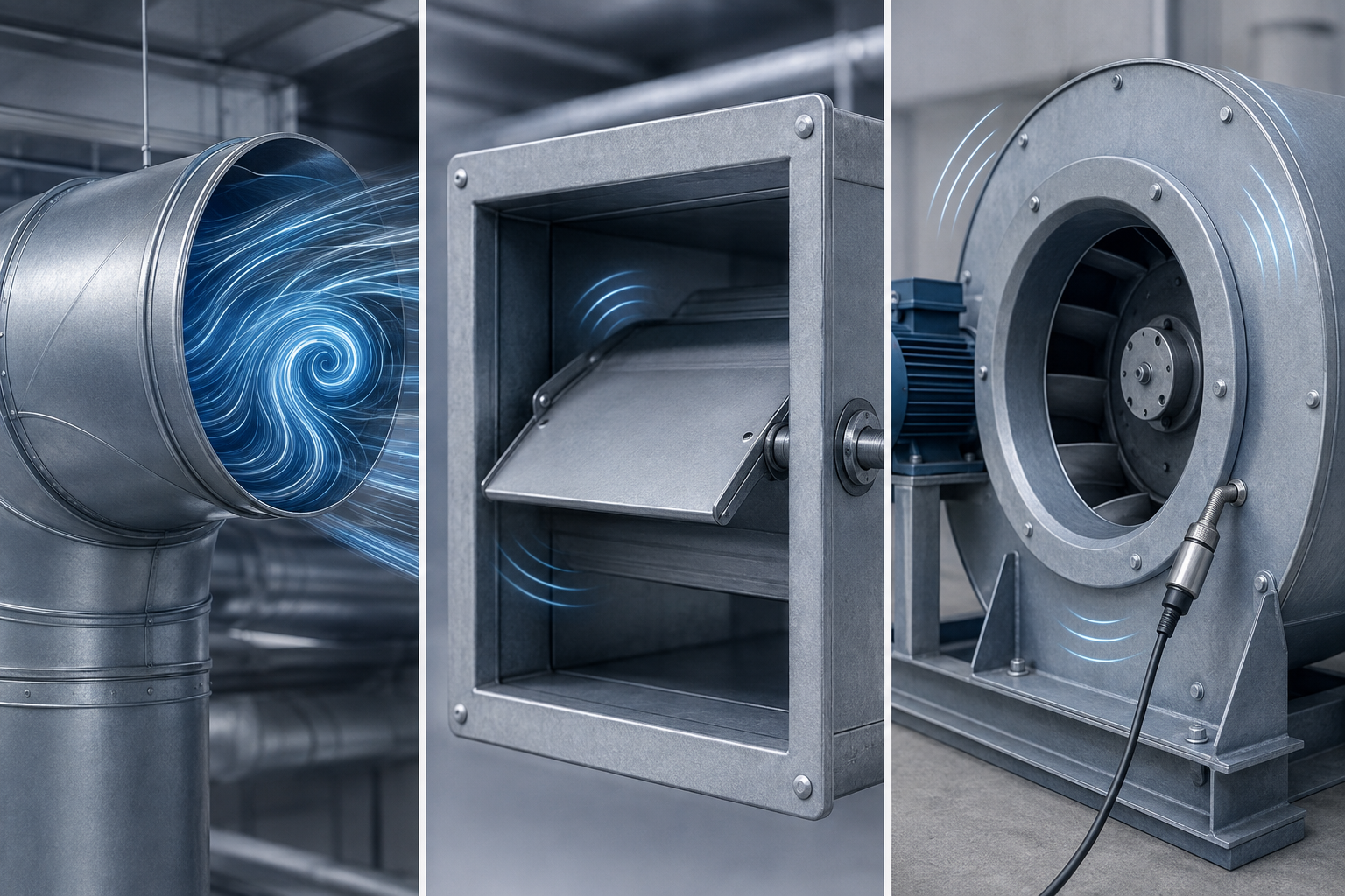 Three industrial duct noise sources: velocity turbulence, damper vibration, fan imbalance