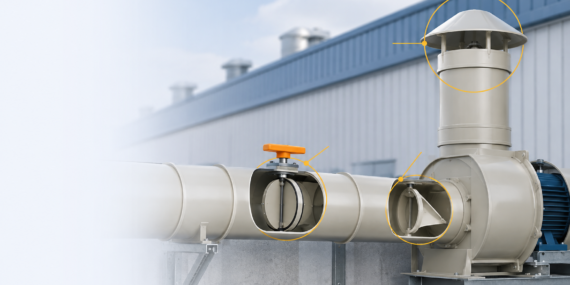 Industrial PP exhaust duct system shown in cutaway view with a manual volume damper, a backdraft damper and a rain cap highlighted as the three selection points
