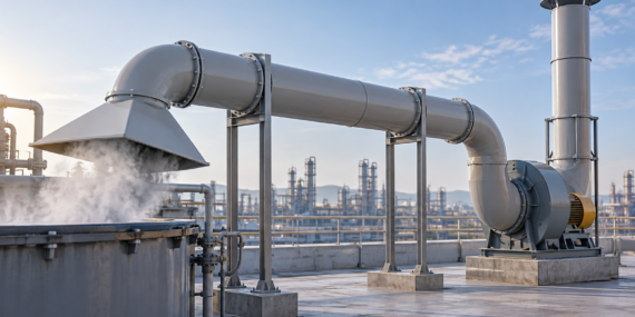 Corrosive fume capture hood connected to a reinforced polypropylene exhaust duct run ending in a roof-mounted fan and discharge stack at a chemical plant
