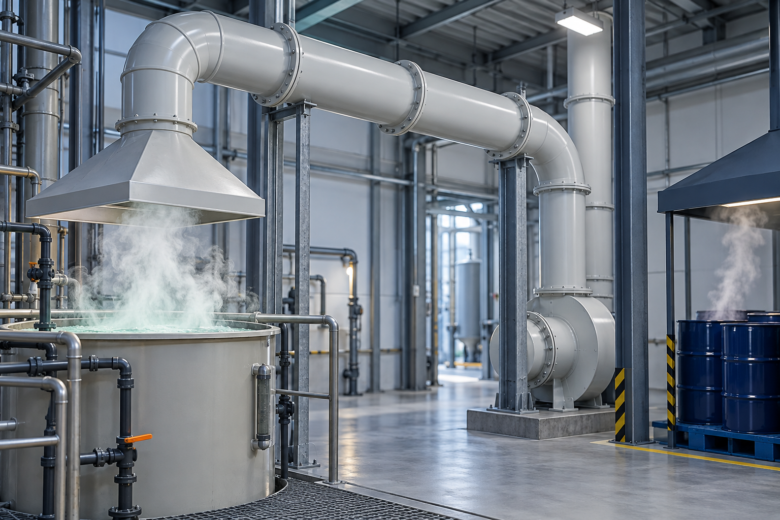 Acid fume captured by a hood above a process tank and carried away through a flanged polypropylene duct run inside a chemical plant, with solvent drums stored separately