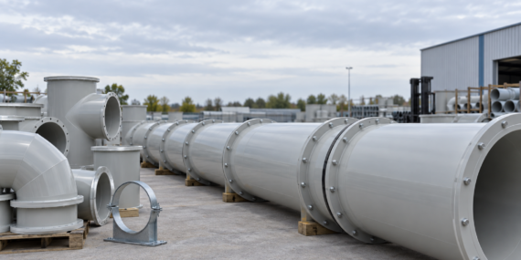 Light grey polypropylene duct sections with bolted flanges and stacked elbows laid out in assembly order at an industrial fabrication yard