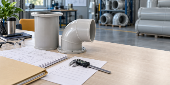 PP duct supplier verification: drawings, a blank checklist and thermoplastic duct fittings on an engineer's desk