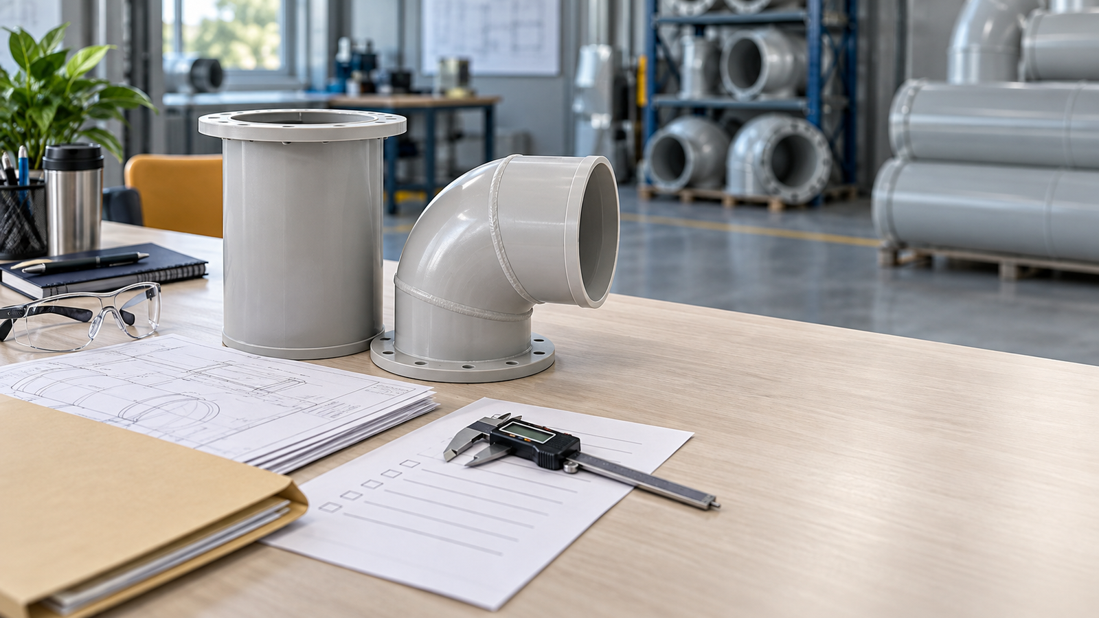 PP duct supplier verification: drawings, a blank checklist and thermoplastic duct fittings on an engineer's desk