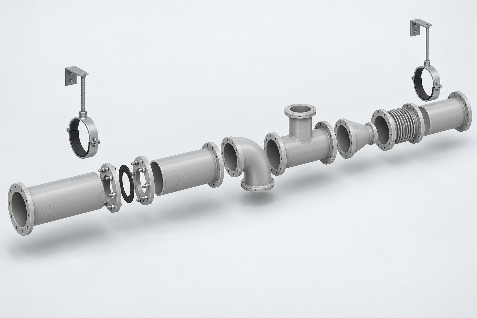 Exploded isometric view of a duct run showing straight sections, flanges, gasket, elbow, tee, reducer, hangers and an expansion joint as separate components