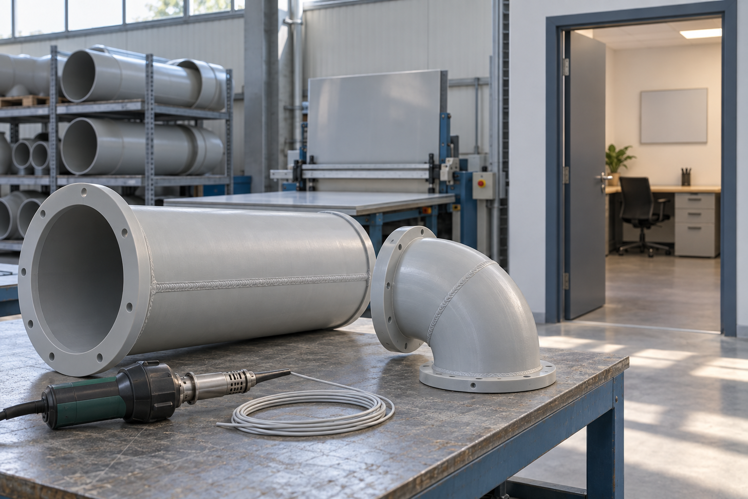 Polypropylene duct welding and flange work on a workshop bench, with an office area seen through the doorway