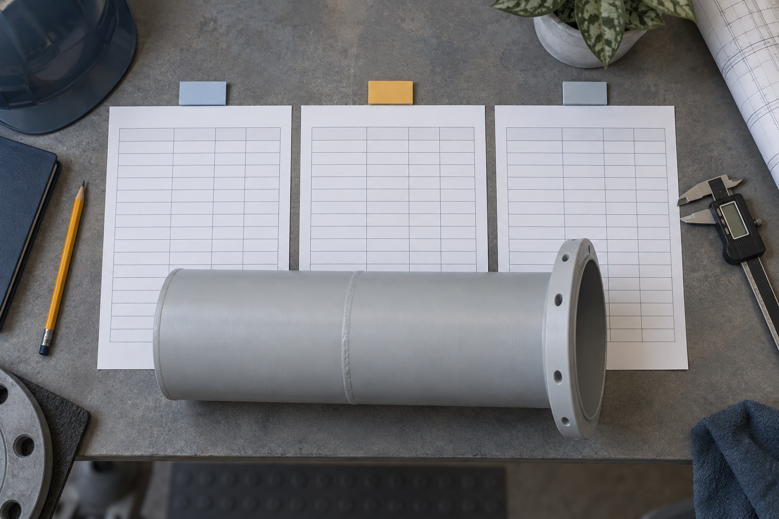 Three identical blank PP duct supplier comparison sheets laid side by side with a duct section across them